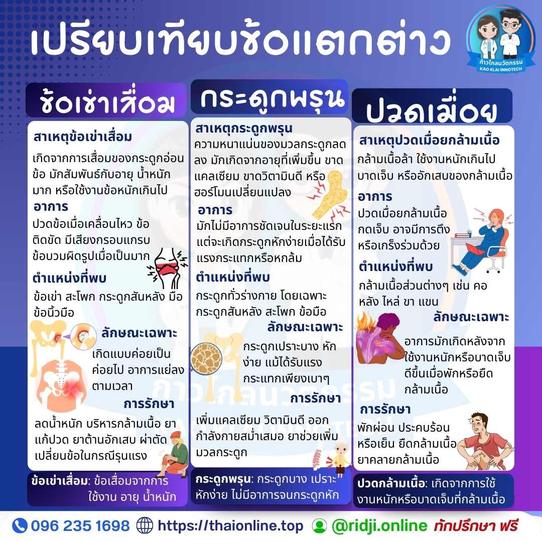 เปรียบเทียบข้อแตกต่าง ข้อเข่าเสื่อม กระดูกพรุน ปวดเมื่อยกล้ามเนื้อ